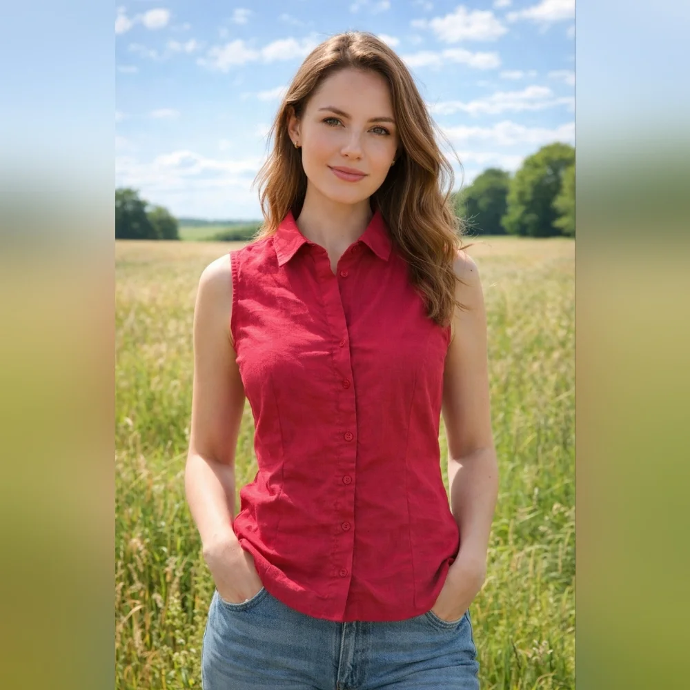 Red 100% Linen Sleeveless Button Front Blouse Size S - Picture 1 of 7
